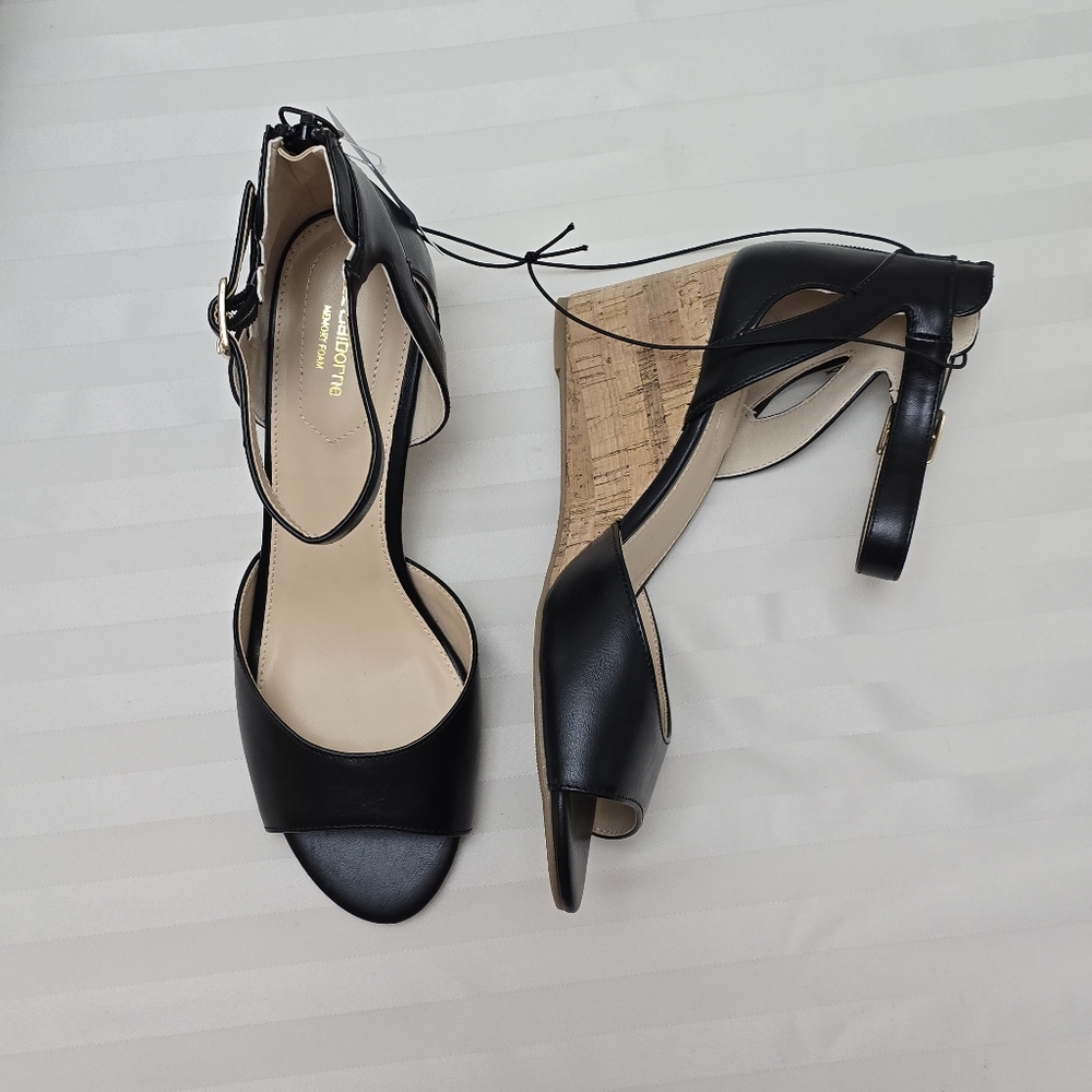 NEW Liz Claiborne Black Wedge Heel Sandals 11 Wedges Ankle Buckle Back Zip Shoes - Picture 5 of 12